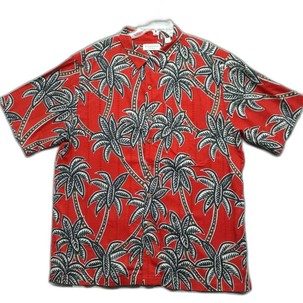 Caribbean Men Sz XLT Silk Blend Palm Tree Print Short Sleeve Shirt Red Hawaiian